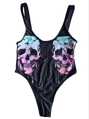 Black One-Piece Swimsuit with Pink & Blue Skull Print